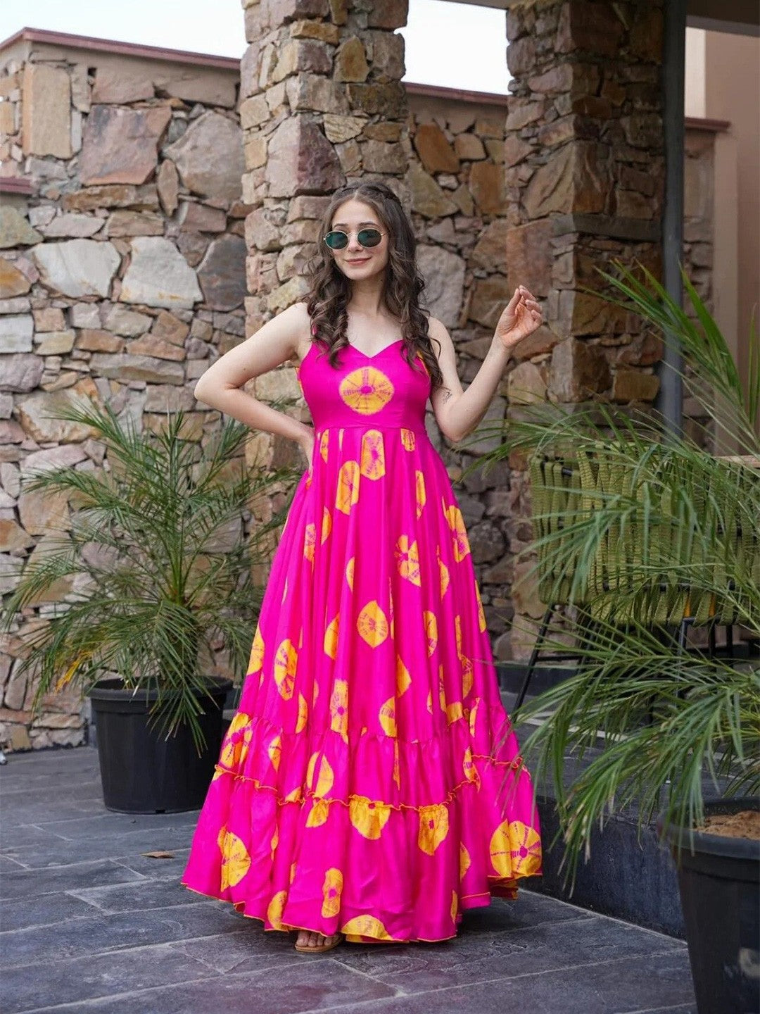 Lorenvalley Magenta Rayon Floral Print Fit & Flare Gown - Swadesiicart