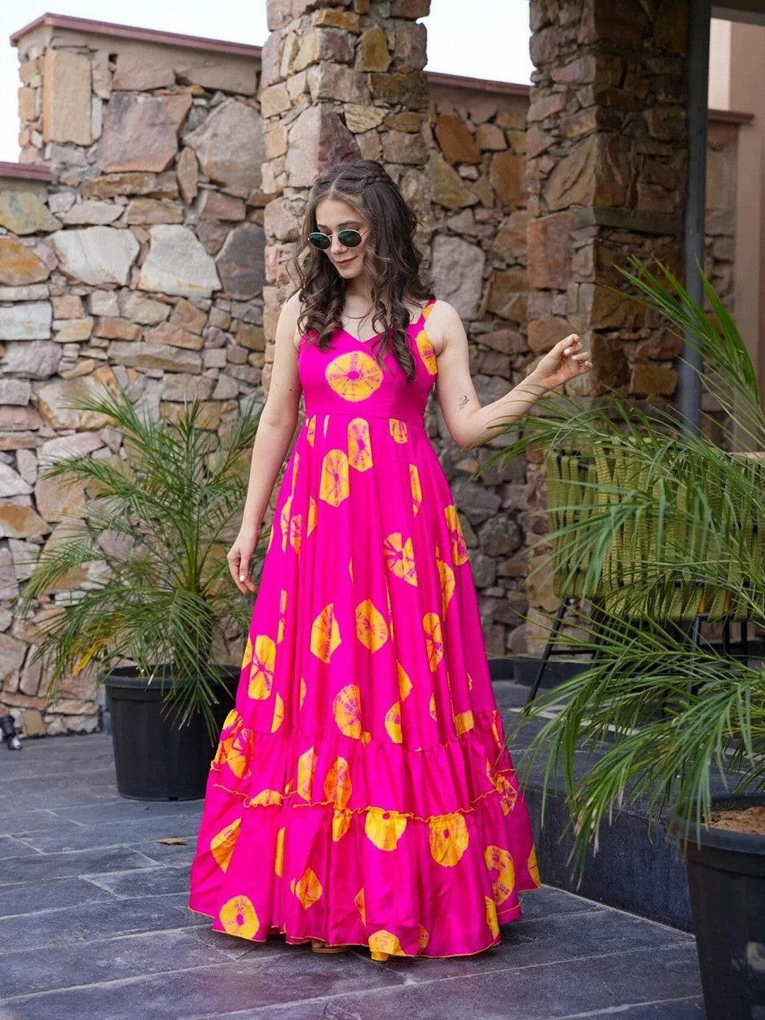 Lorenvalley Magenta Rayon Floral Print Fit & Flare Gown - Swadesiicart