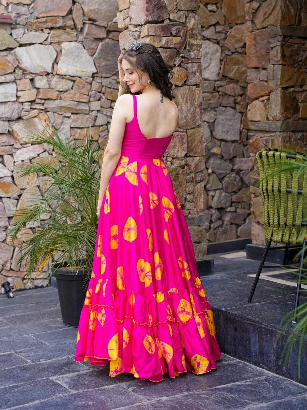 Lorenvalley Magenta Rayon Floral Print Fit & Flare Gown - Swadesiicart