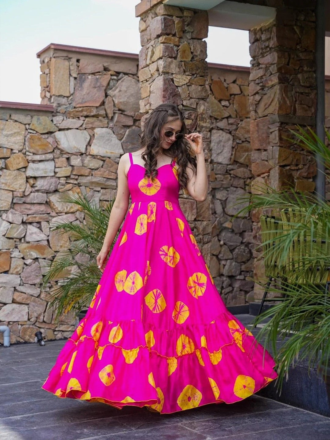 Lorenvalley Magenta Rayon Floral Print Fit & Flare Gown - Swadesiicart