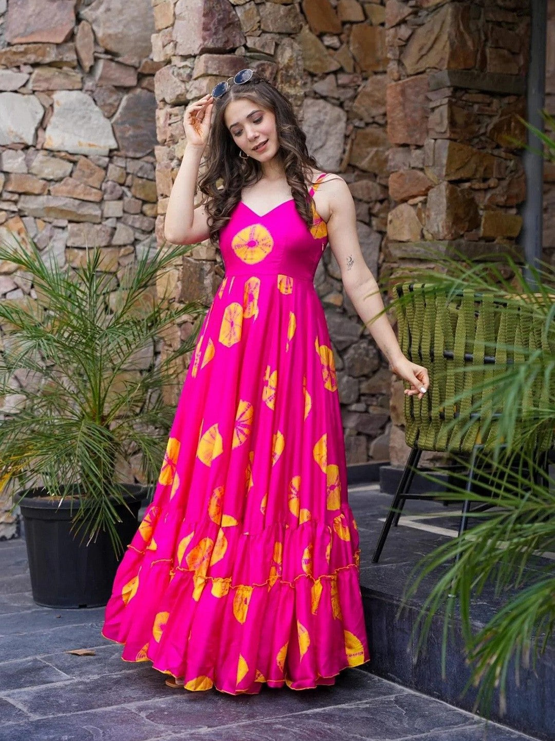 Lorenvalley Magenta Rayon Floral Print Fit & Flare Gown - Swadesiicart