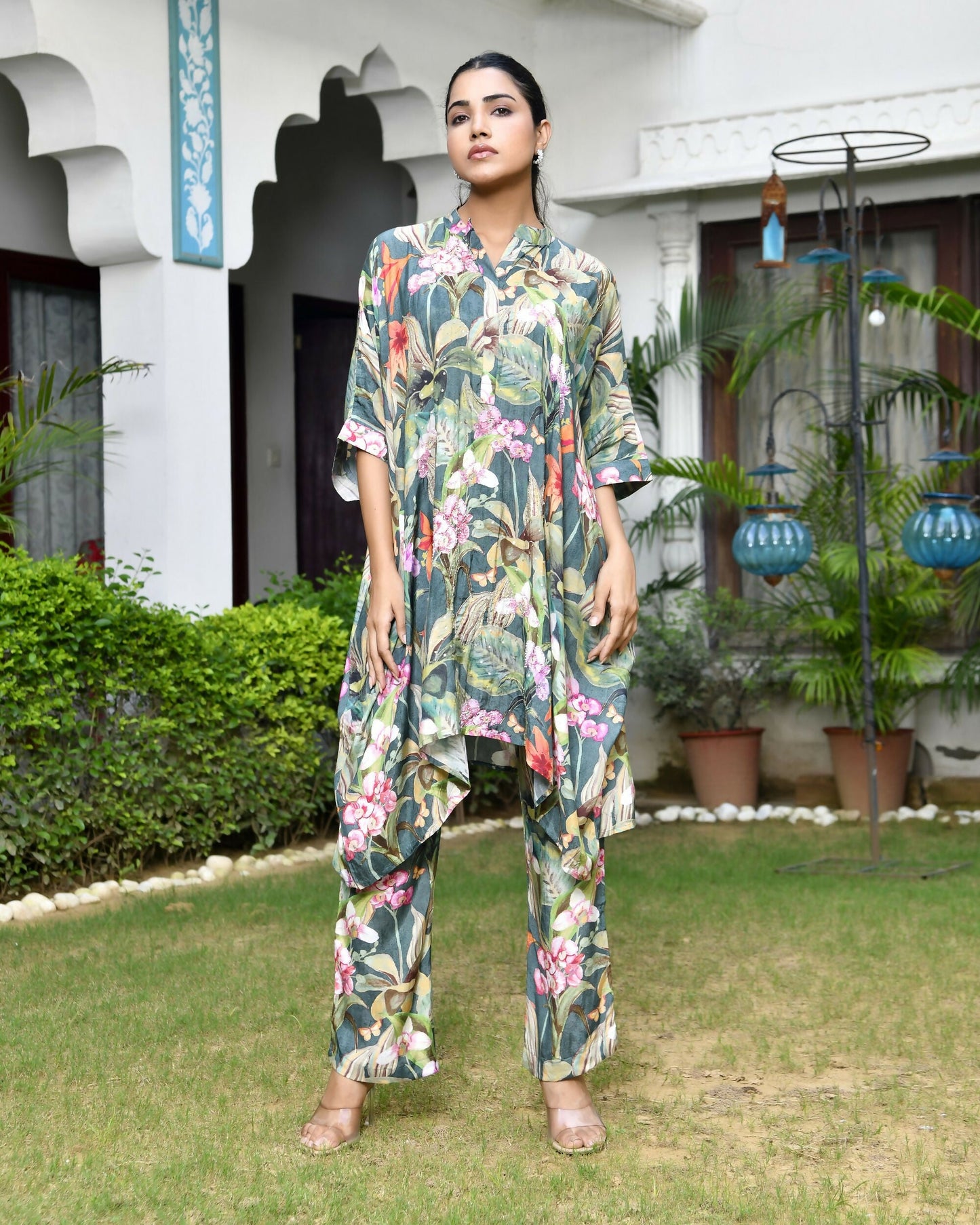 Vaasva Women's Dark Green Musline Viscose Digital Printed Kaftan Pant Set | Swadesiicart