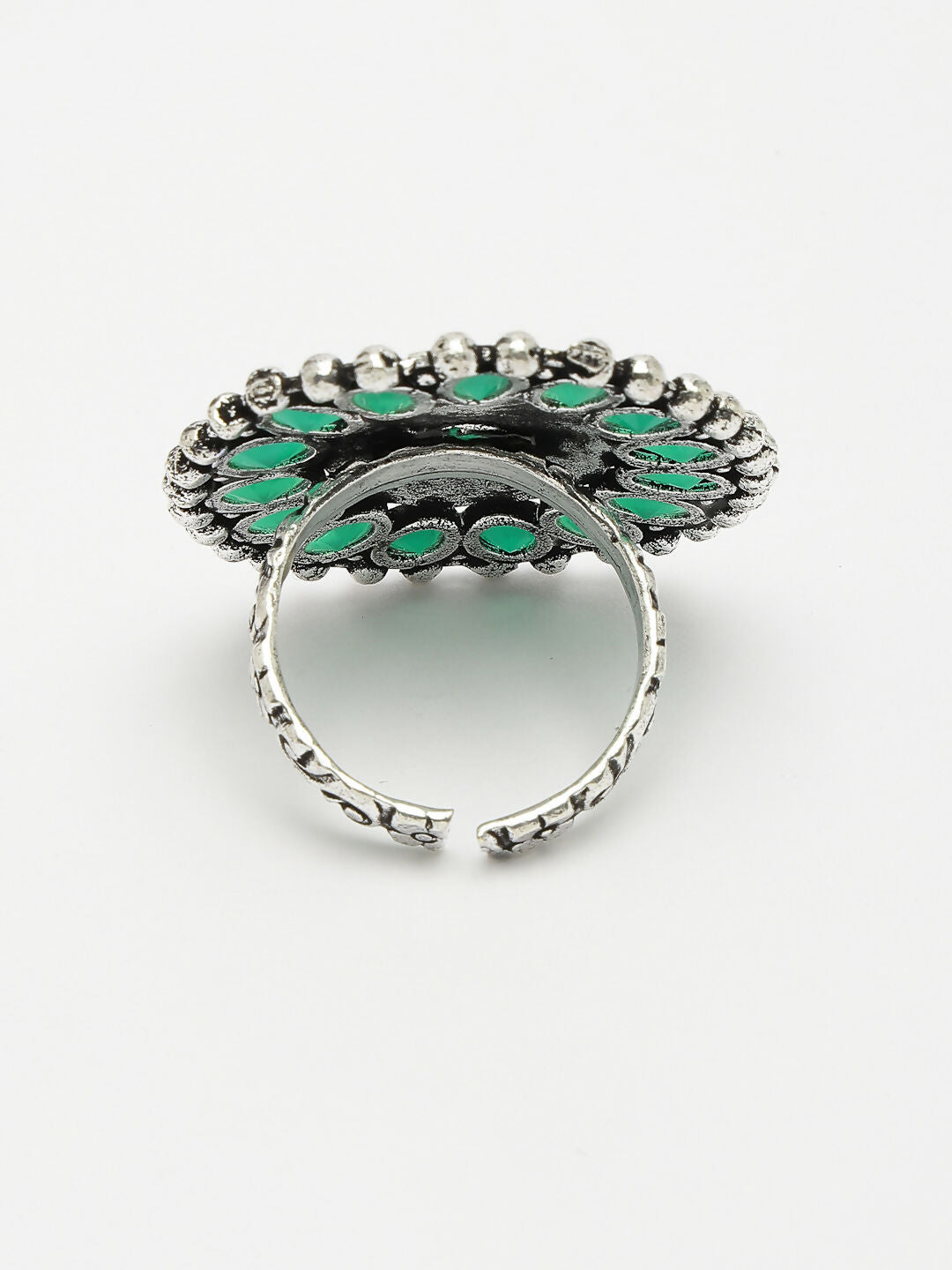 NVR Women's Green Silver-Plated Circular Shape Adjustable Finger Ring | Swadesiicart