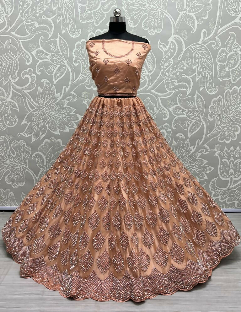 Jyoti Fashion Women's Peach Bridal Net Fancy Dori & Multi Thread Embroidered with Zircon Diamond Work Wedding Lehenga Choli | Swadesiicart