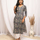 FIORRA Women's Floral Printed Blue Cotton Straight Kurta - Swadesiicart