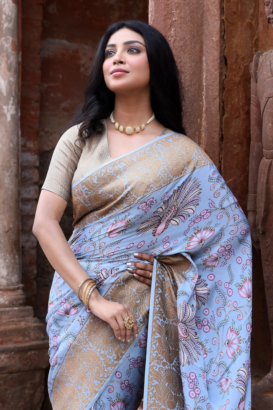 Joban Fashion Light Blue Crepe Chiffon Pure Handloom Banarasi Silk Saree | Swadesiicart