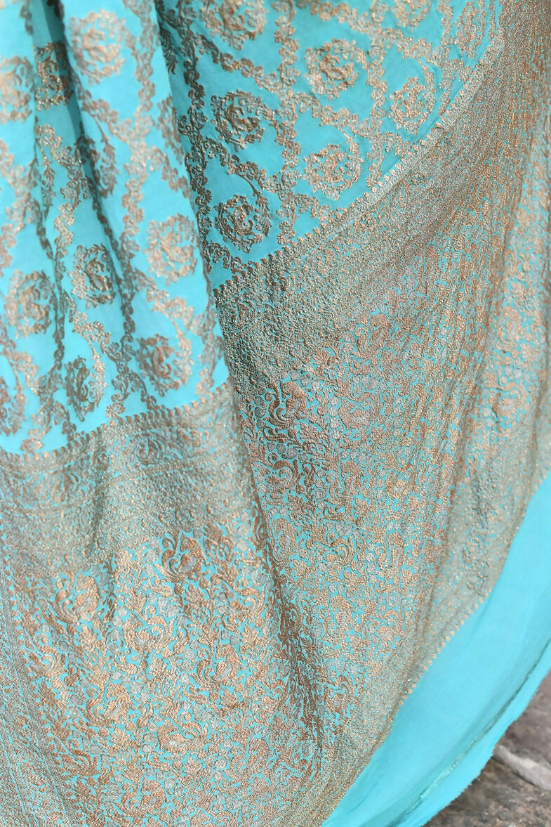Joban Fashion Teal Green Crepe Chiffon Pure Handloom Banarasi Silk Saree | Swadesiicart