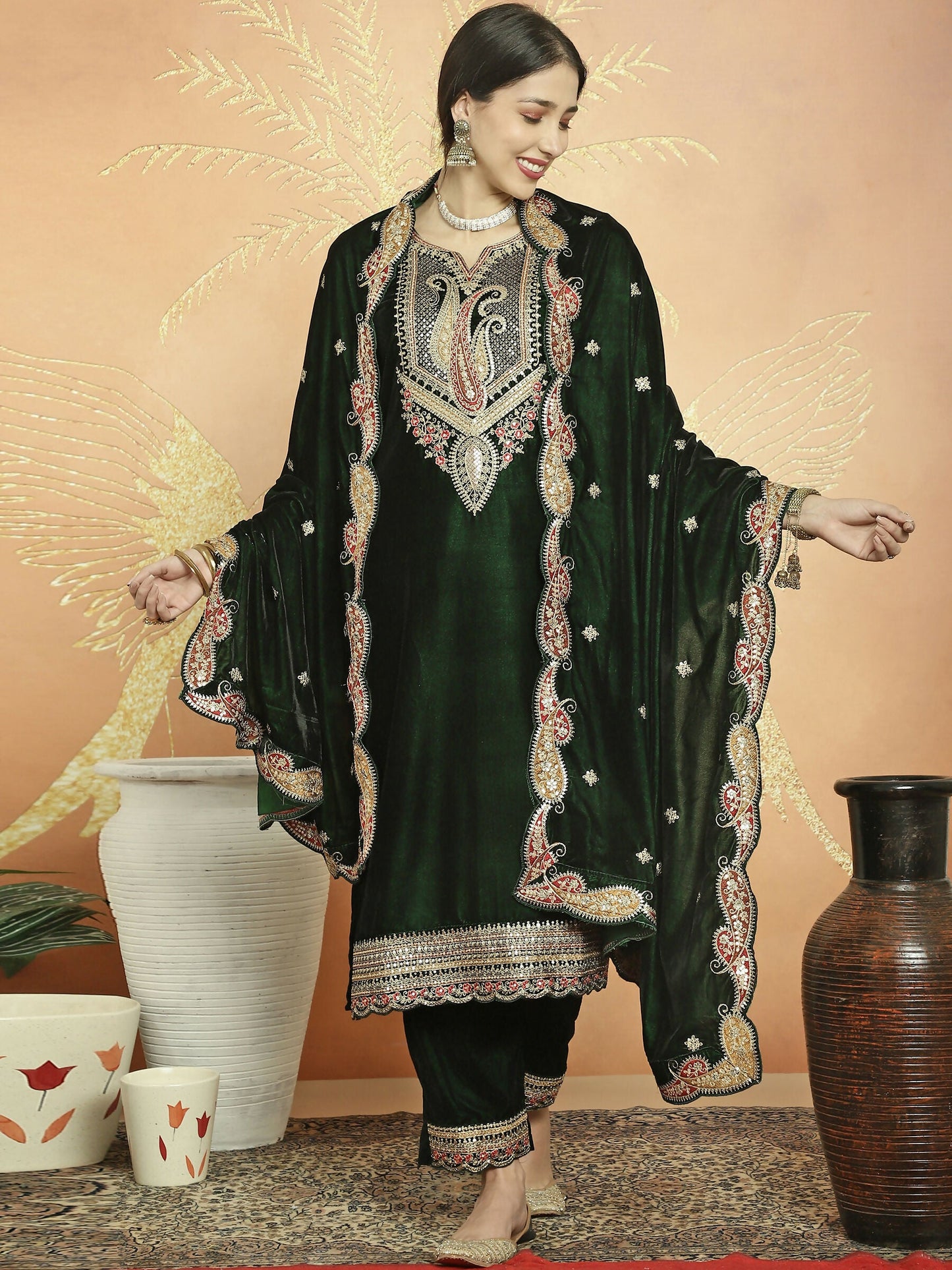 Jyoti Fashion Women's Green Velvet Cording with Resham Thread & Sequin Kurta with Trouser & Dupatta | Swadesiicart