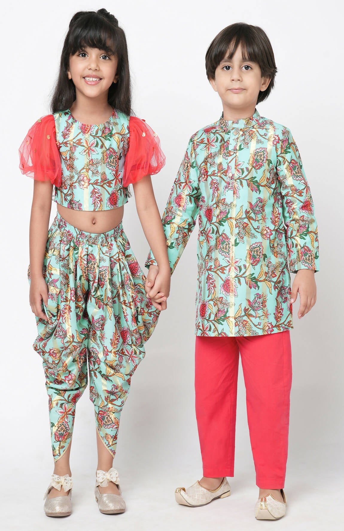 Lil Drama Golden Weaves Blue Crop Top With Dhoti Co-Ordinate Set - Swadesiicart