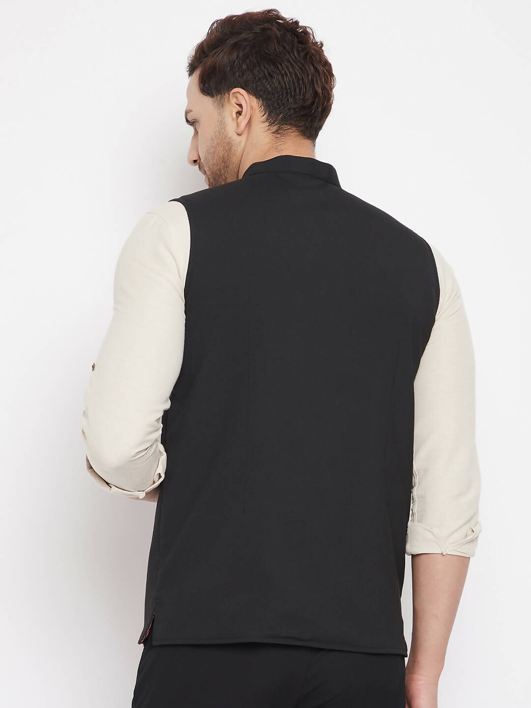 Even Apparels Black Merino Men's Nehru Jacket-Contrast Lining-Inbuilt Pocket Square | Swadesiicart