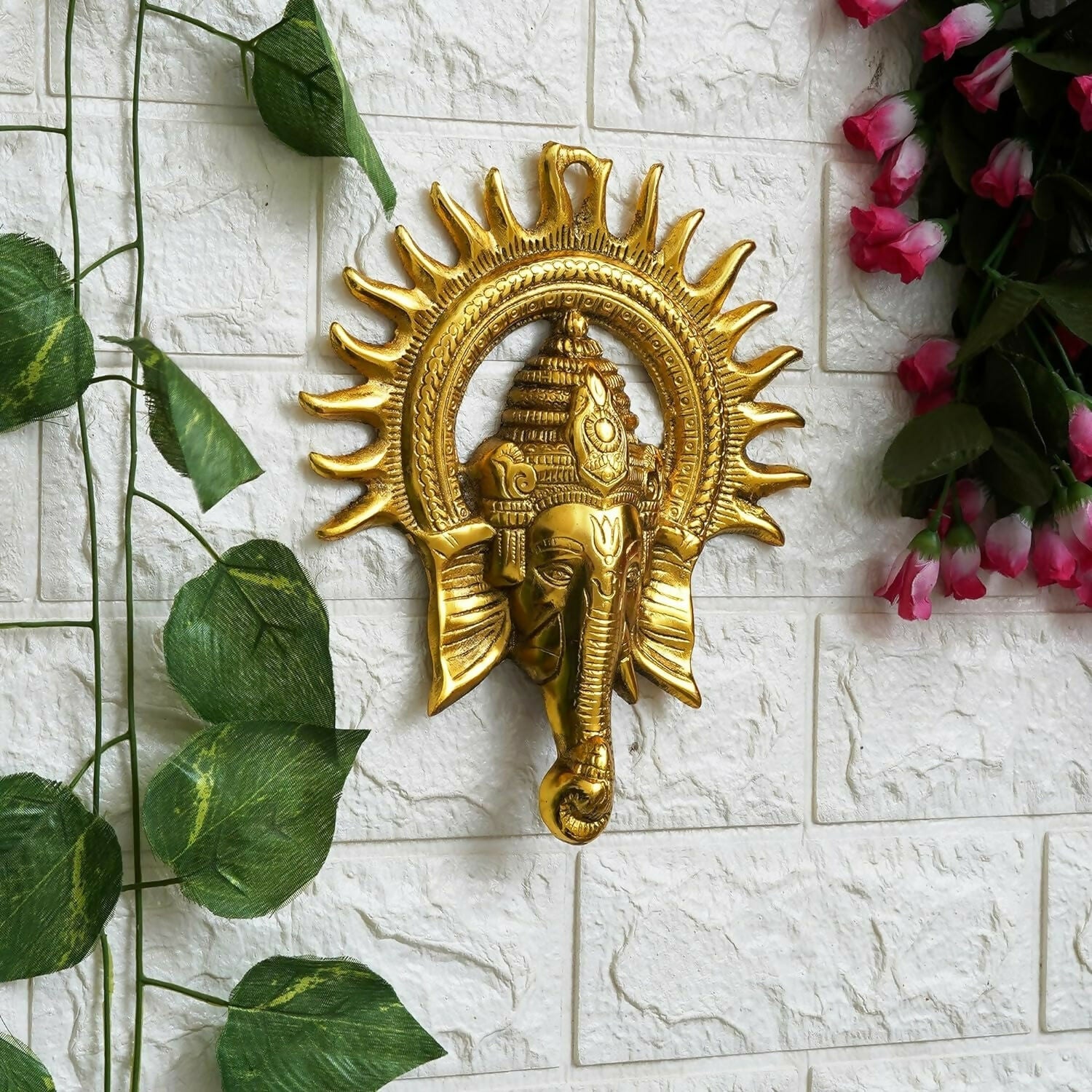 eCraftIndia Golden Lord Ganesha With Sun Decorative Metal Wall Hanging - Swadesiicart
