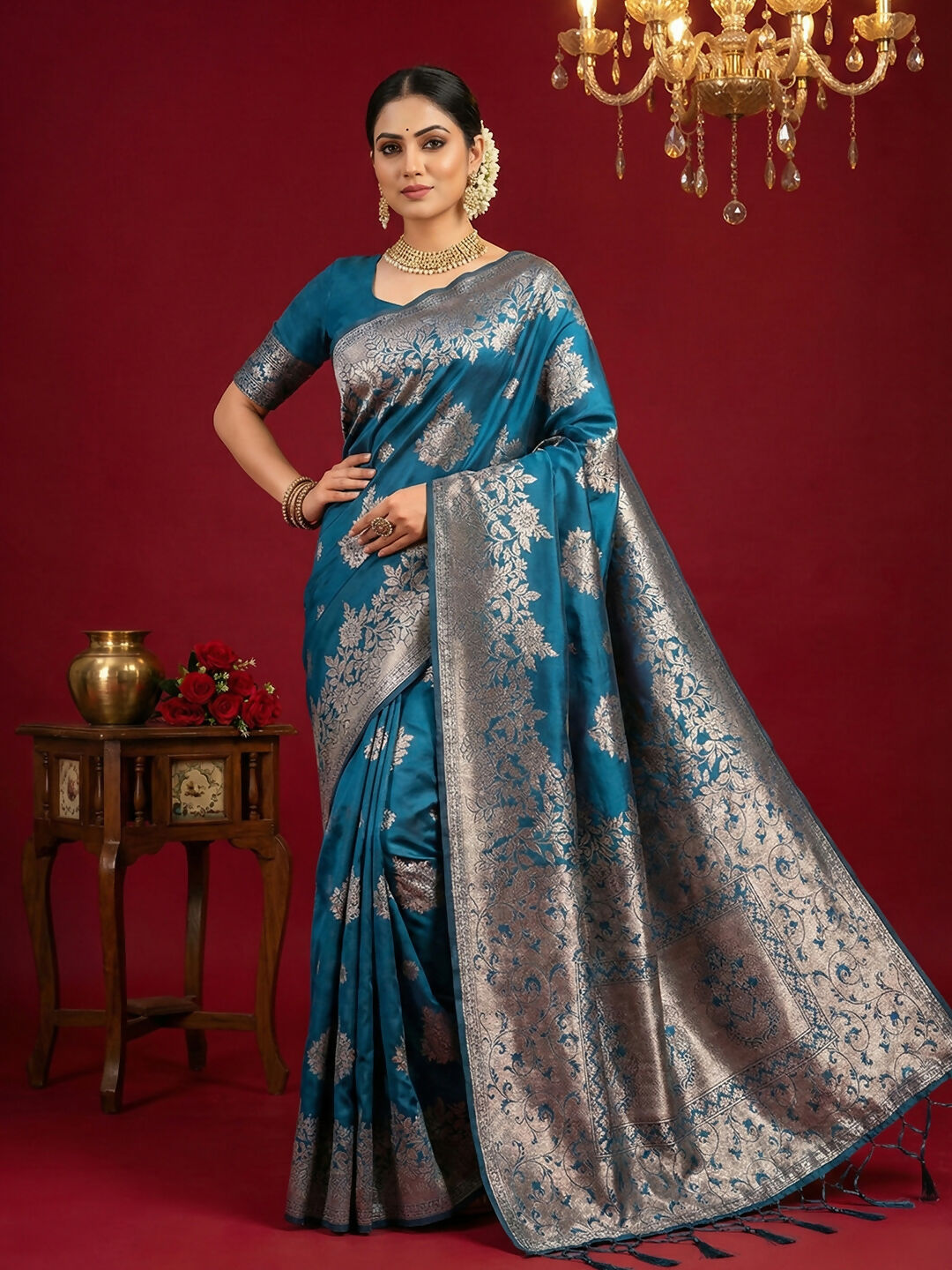 Shree Shyam Fashion Teal Blue Silk Blend Saree