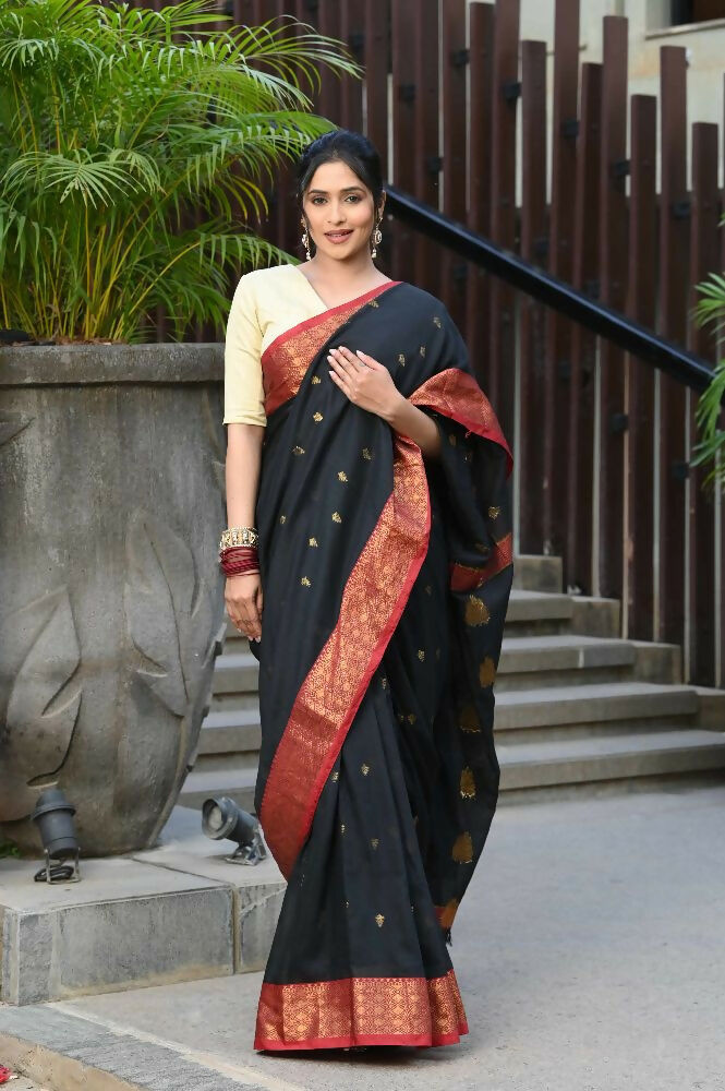Beatitude Black Cotton Banarasi Saree | Swadesiicart