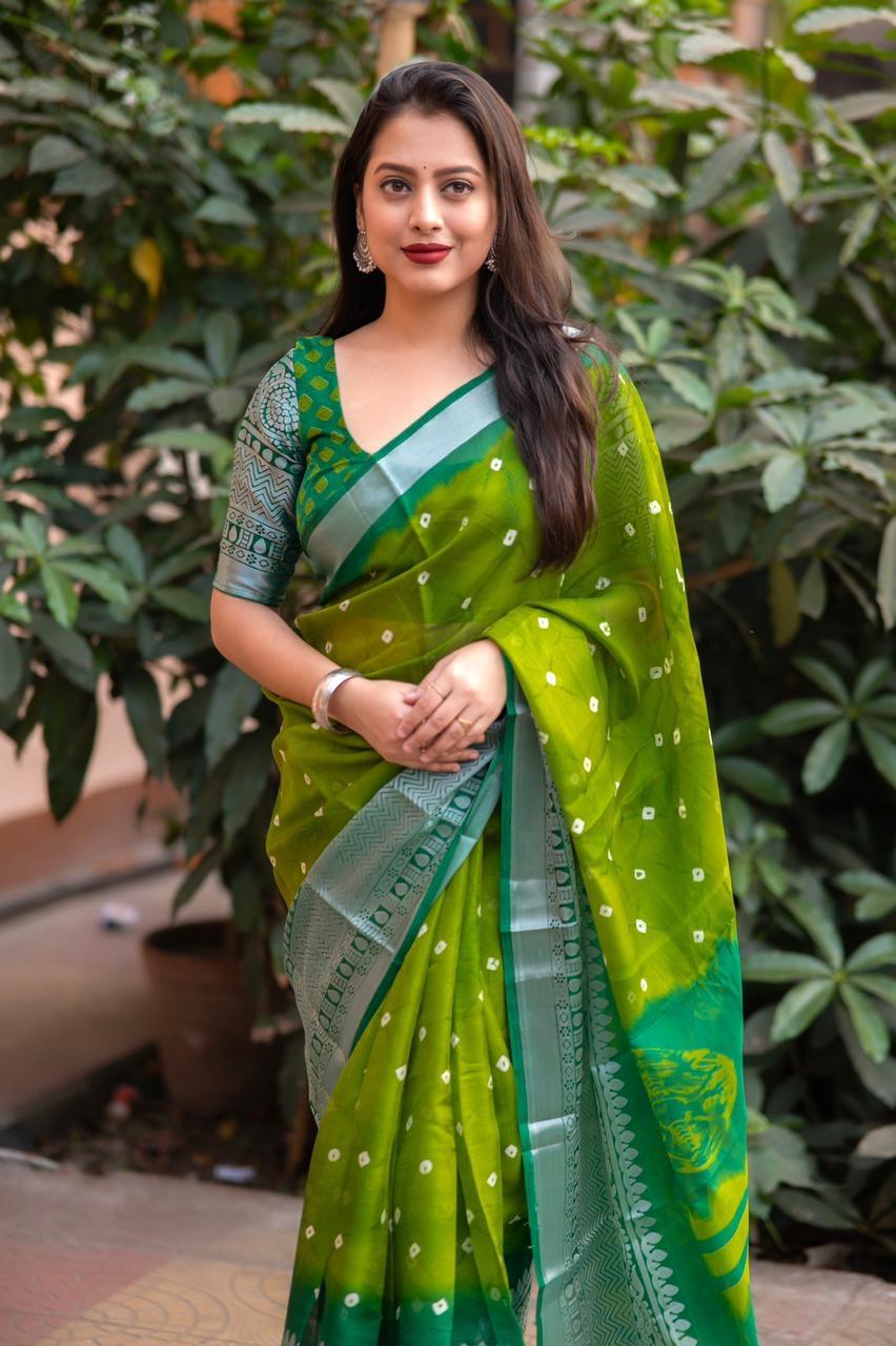 Green Jute Silk Ethnic Motifs Saree with Unstitched Blouse - Hiral Fashion | Swadesiicart