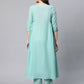 Ahalyaa Women Sea Green Colour Pure Cotton Gold Foil Print Kurta Pant Set | Swadesiicart