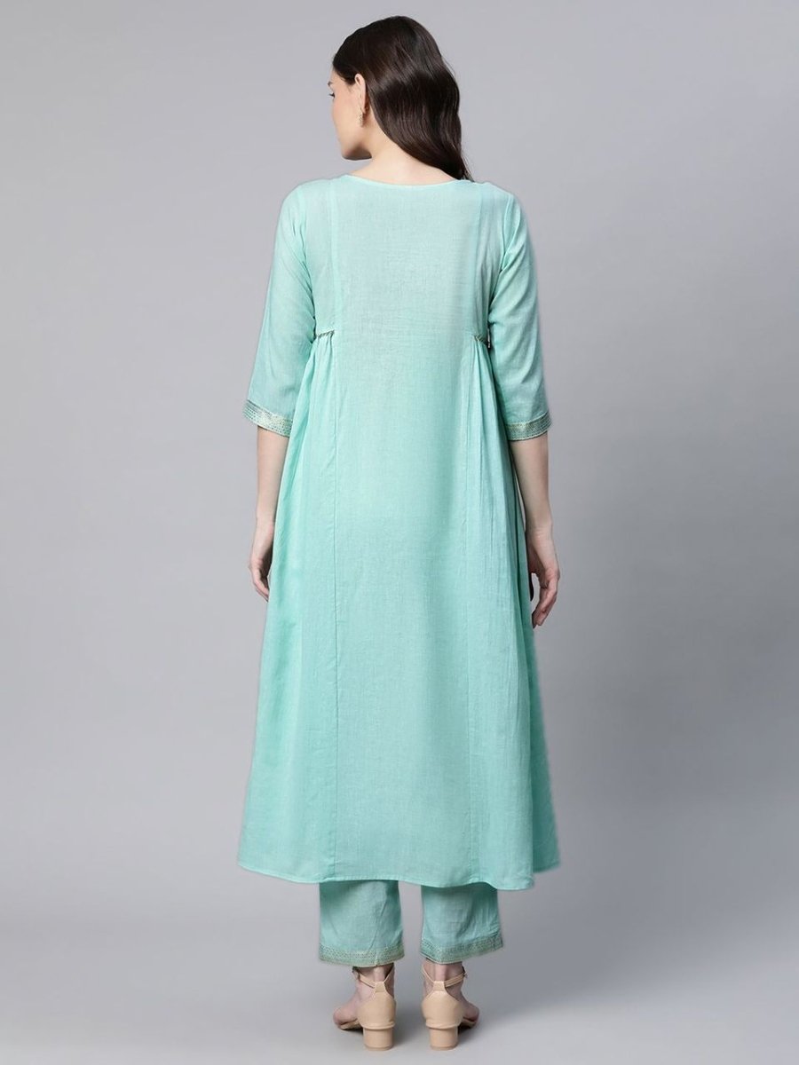 Ahalyaa Women Sea Green Colour Pure Cotton Gold Foil Print Kurta Pant Set | Swadesiicart