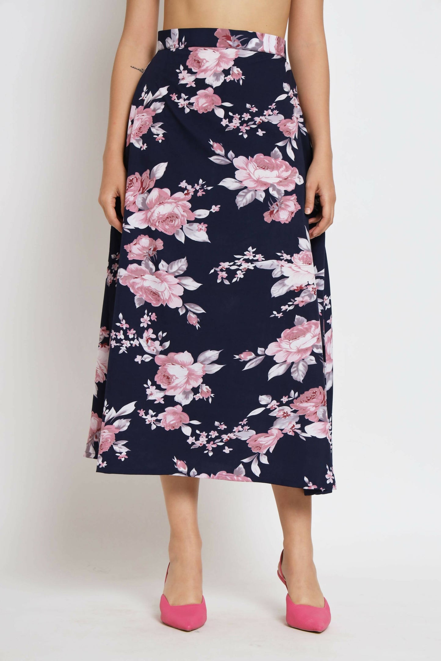 Blue Crepe Floral Printed Top with Matching Skirt - Shivani