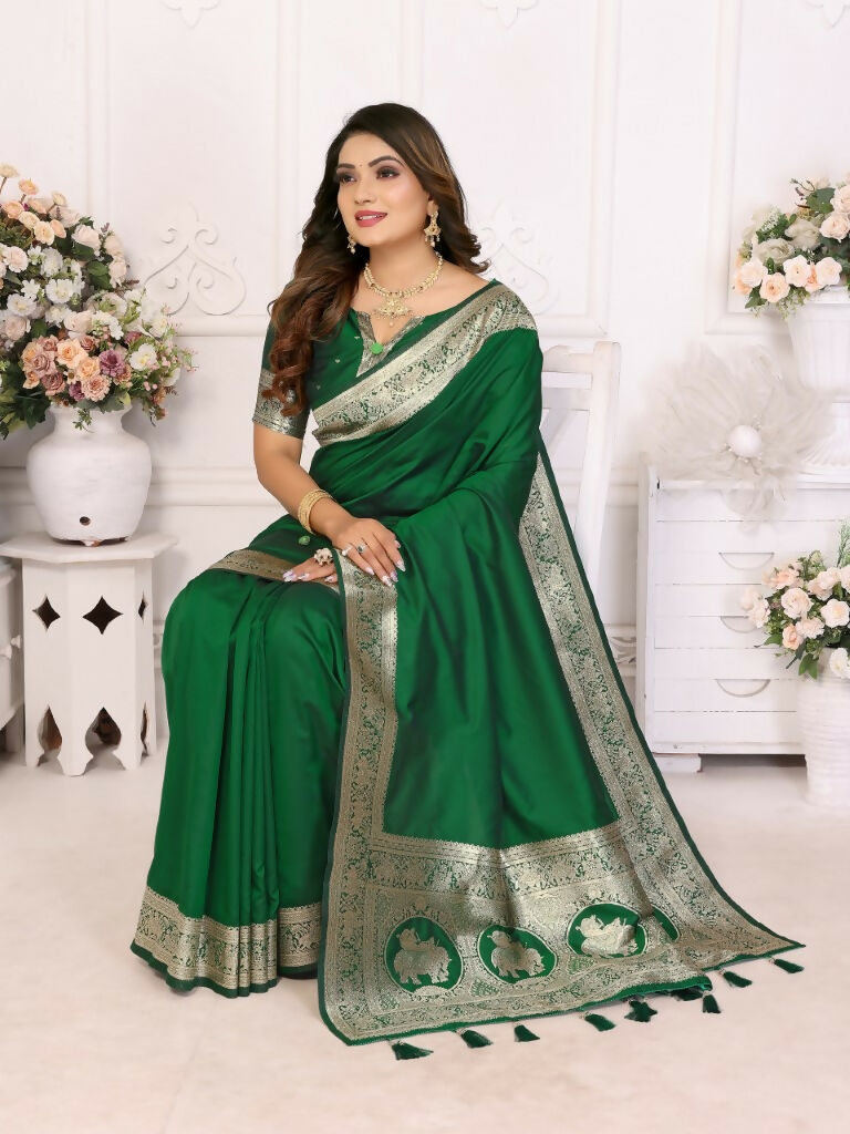 Anaita Dark Green Banarasi Silk With Beautiful Gala Weaving Saree With Blouse | Swadesiicart