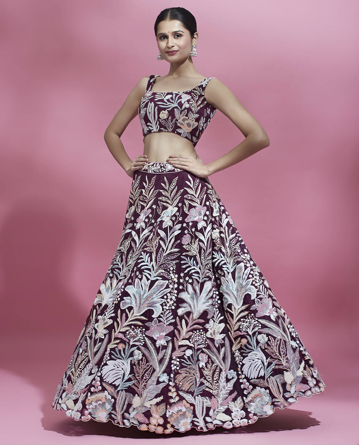 House of Panchhi Burgundy Net Sequinse Work Lehenga & Blouse with Dupatta | Swadesiicart