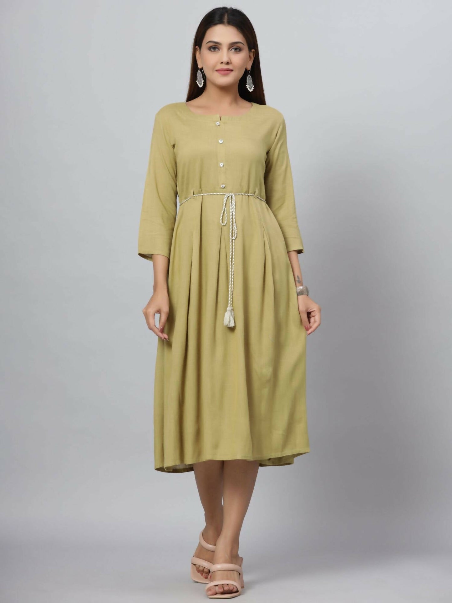 Juniper Women's Green Rayon Slub Solid Dress | Swadesiicart