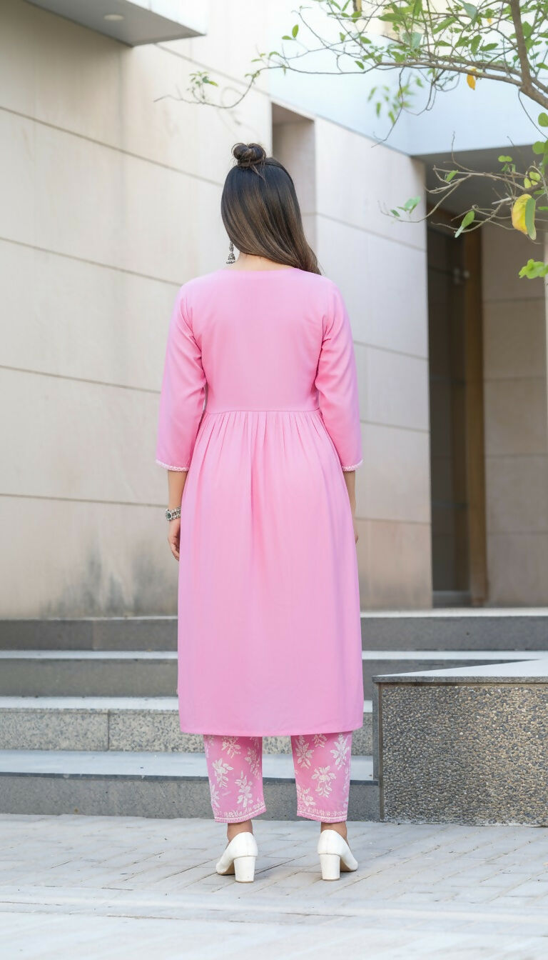 BulBul Arushi Pink Rayon Kurta Set with Lucknowi Work - Swadesiicart