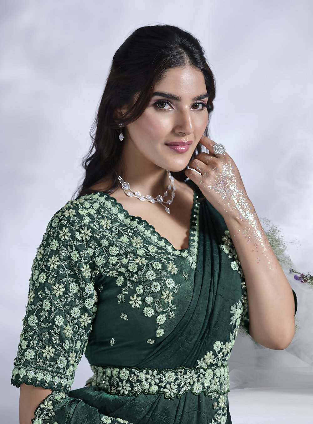 Green Two Tone Satin Silk Designer Ready to wear saree with stithced Blouse - Mohmanthan Aura | Swadesiicart