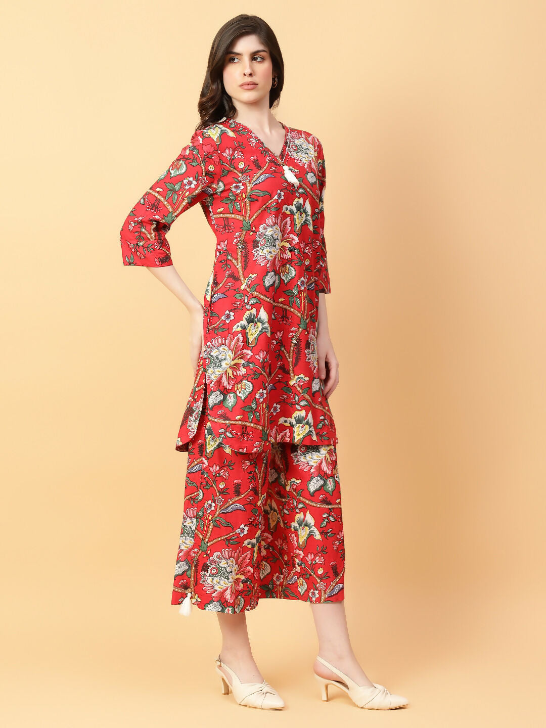 Joban Fashion Red Cotton Printed & Hand Work Co-ord Set - Swadesiicart