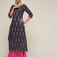 Cheera Hand Block Print Navy Straight Kurta (MAAI-068K)