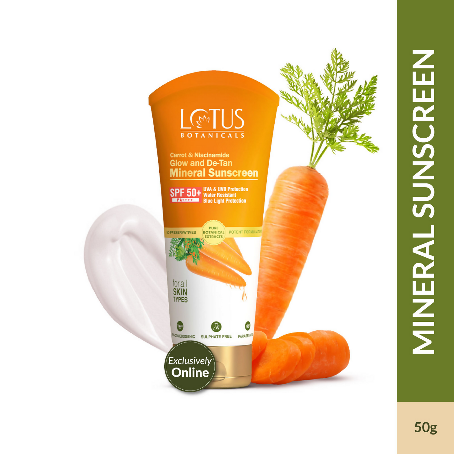 Lotus Botanicals Carrot & Niacinamide Glow and De-Tan Mineral Sunscreen, SPF 50+, PA++++ | Swadesiicart