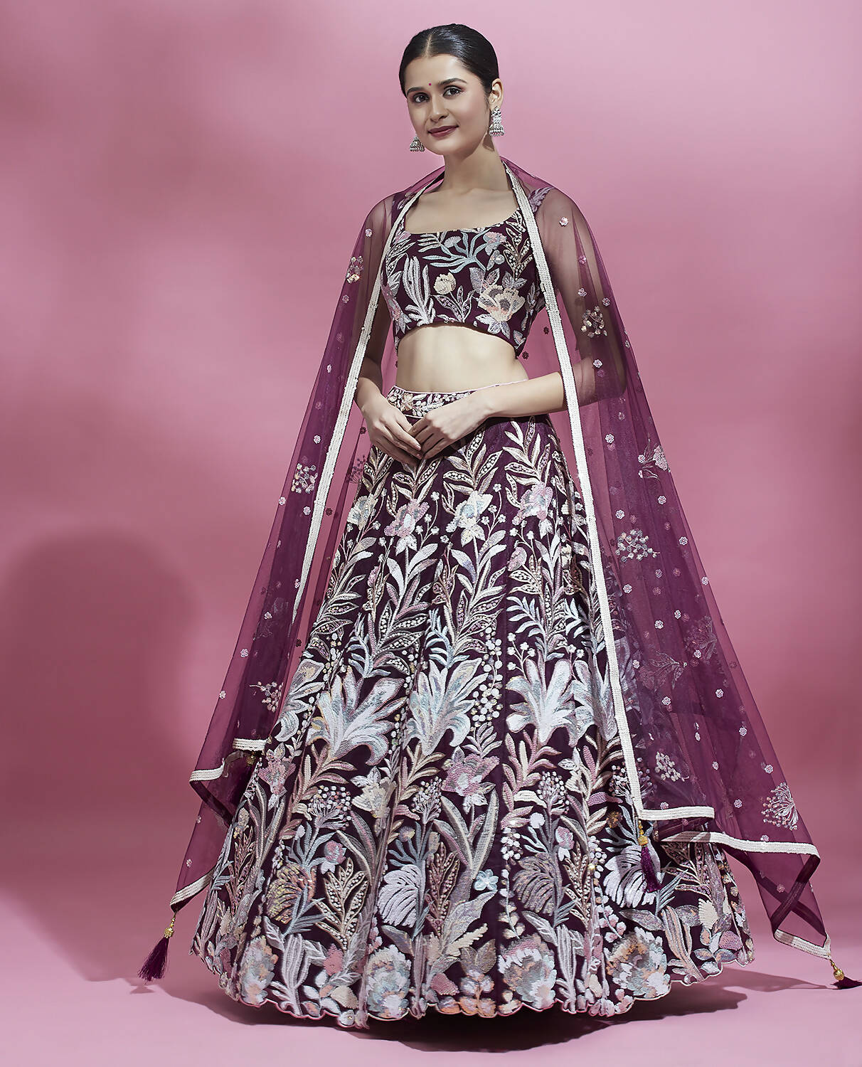 House of Panchhi Burgundy Net Sequinse Work Lehenga & Blouse with Dupatta | Swadesiicart