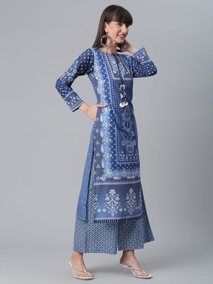 Ahalyaa Women Navy Blue Crepe Floral Print kurta With Palazzo | Swadesiicart