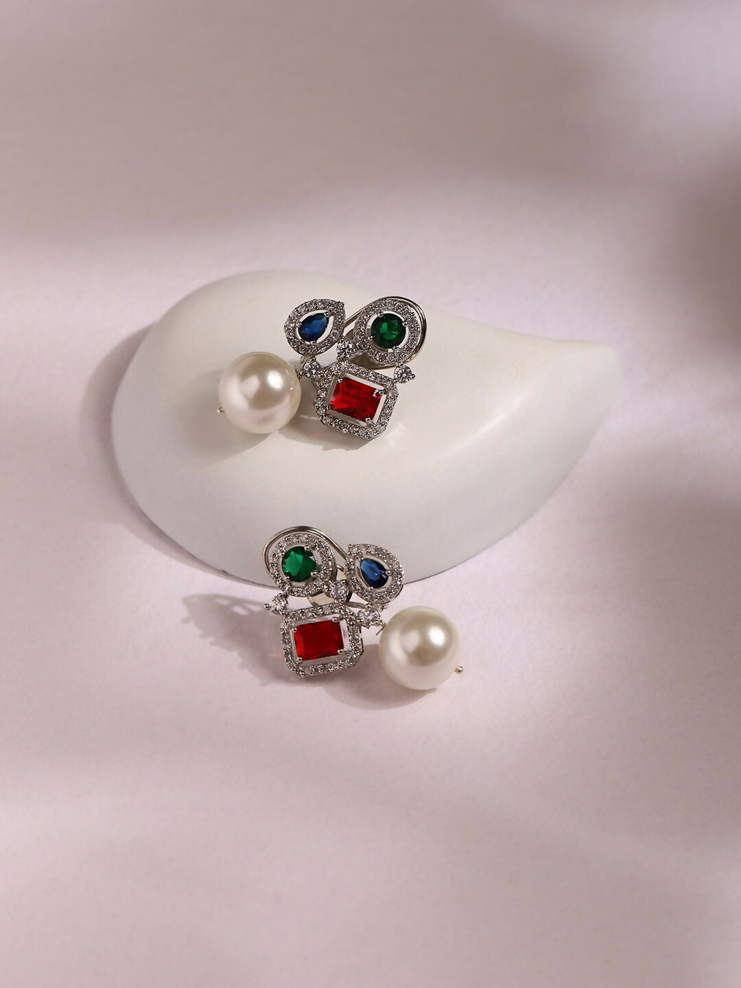 Multi Stone Earrings with Pearls- Ruby Raang | Swadesiicart