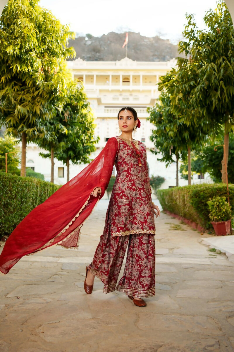Vaasva Women Maroon Muslin Floral & Embroidered Cut Work Kurta ,Sharara & Dupatta set | Swadesiicart