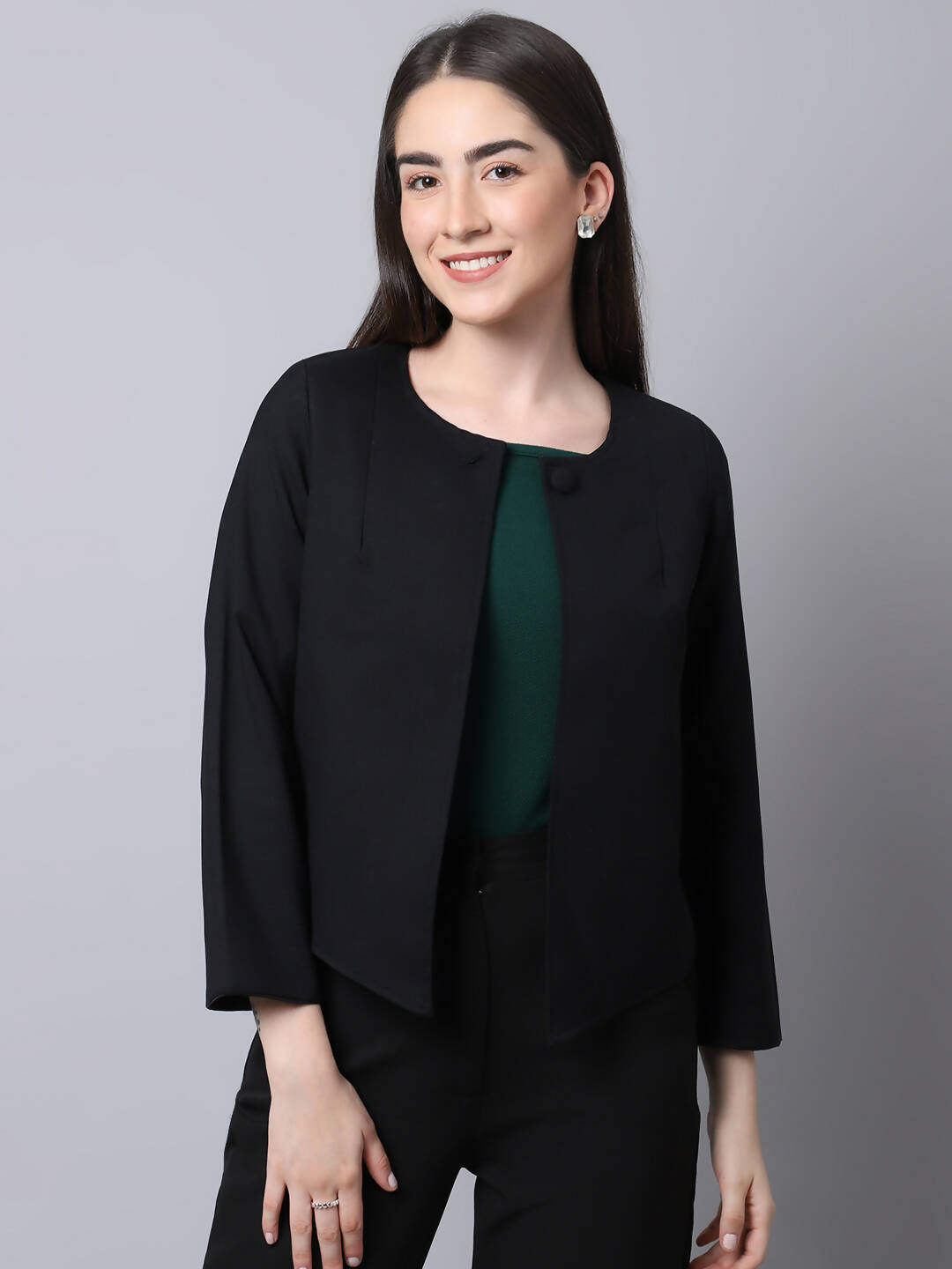 Even Apparels Black Polywool Open Front Statement Women's Jacket | Swadesiicart