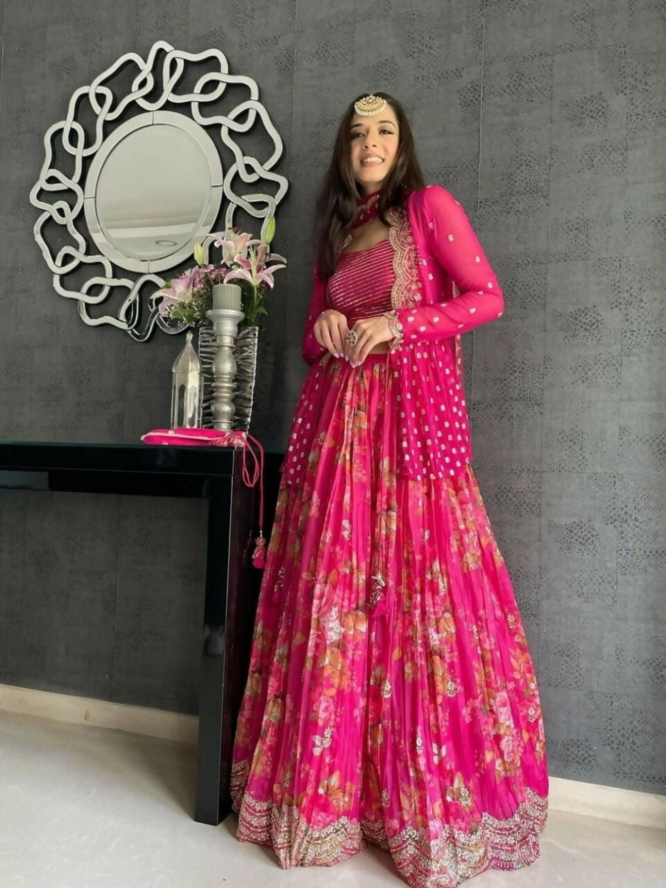 Jyoti Fashion Pink Jari with Sequin Embroidered Georgette Semi Lehenga Choli with Dupatta | Swadesiicart