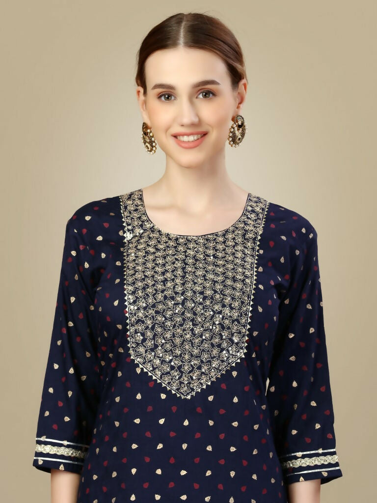 Jyoti Fashion Women's Navy Blue Silk Blend Embroidery & Sequence work Kurta with Trouser & Dupatta | Swadesiicart