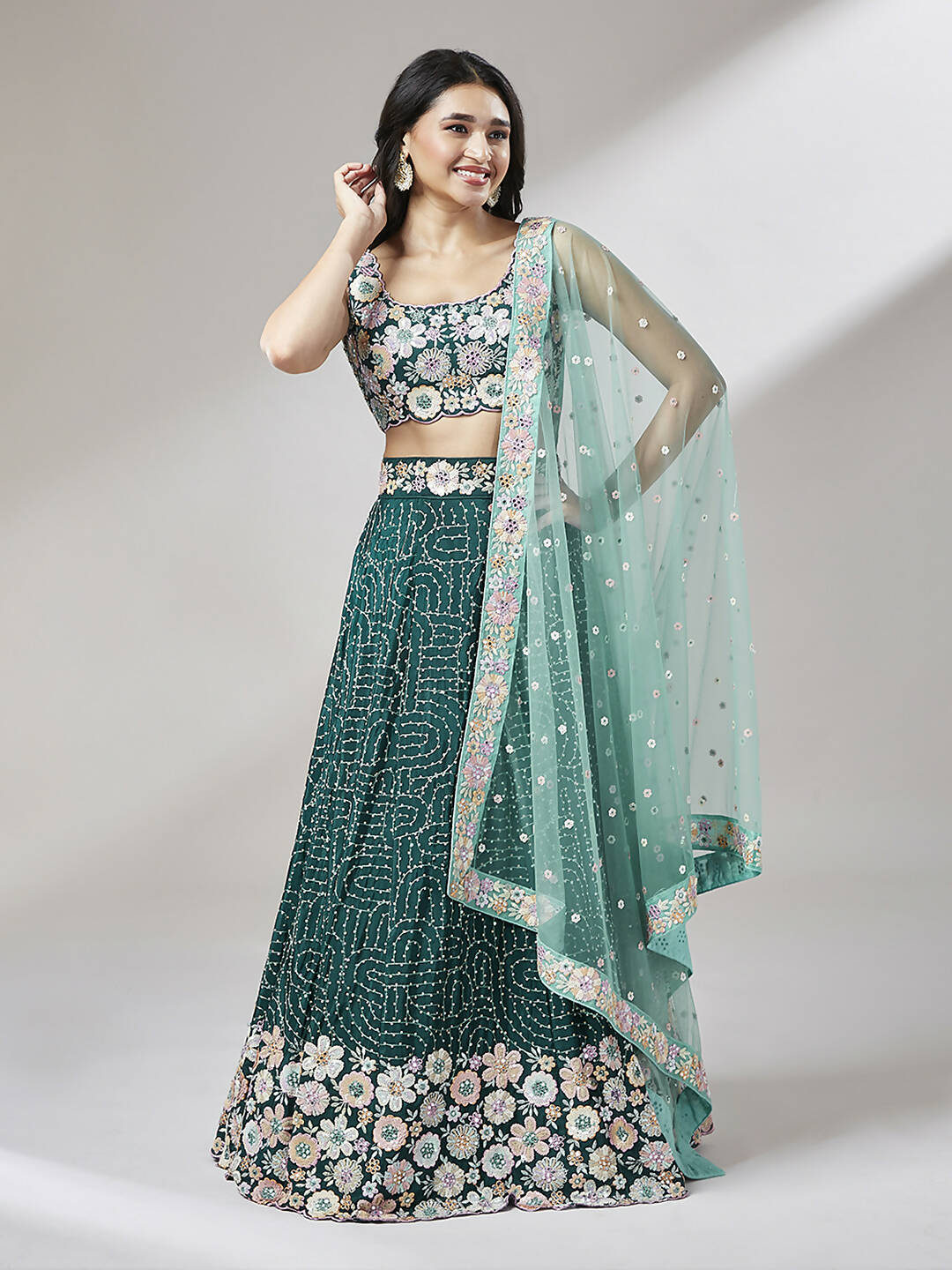 House of Panchhi Teal Georgette heavy Sequinse embroidery Lehenga choli & Dupatta | Swadesiicart