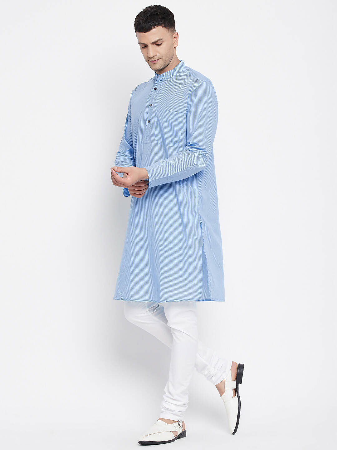 Even Apparels Blue Pure Cotton Men's Kurta With Band Collar | Swadesiicart