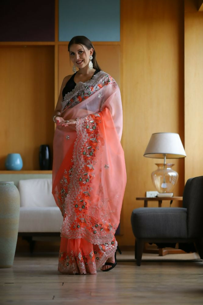 Vamsee Sanyogita Sanyogita - Orange Organza Saree - Swadesiicart