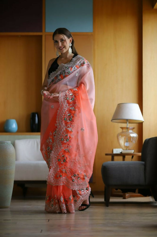 Vamsee Sanyogita Sanyogita - Orange Organza Saree - Swadesiicart