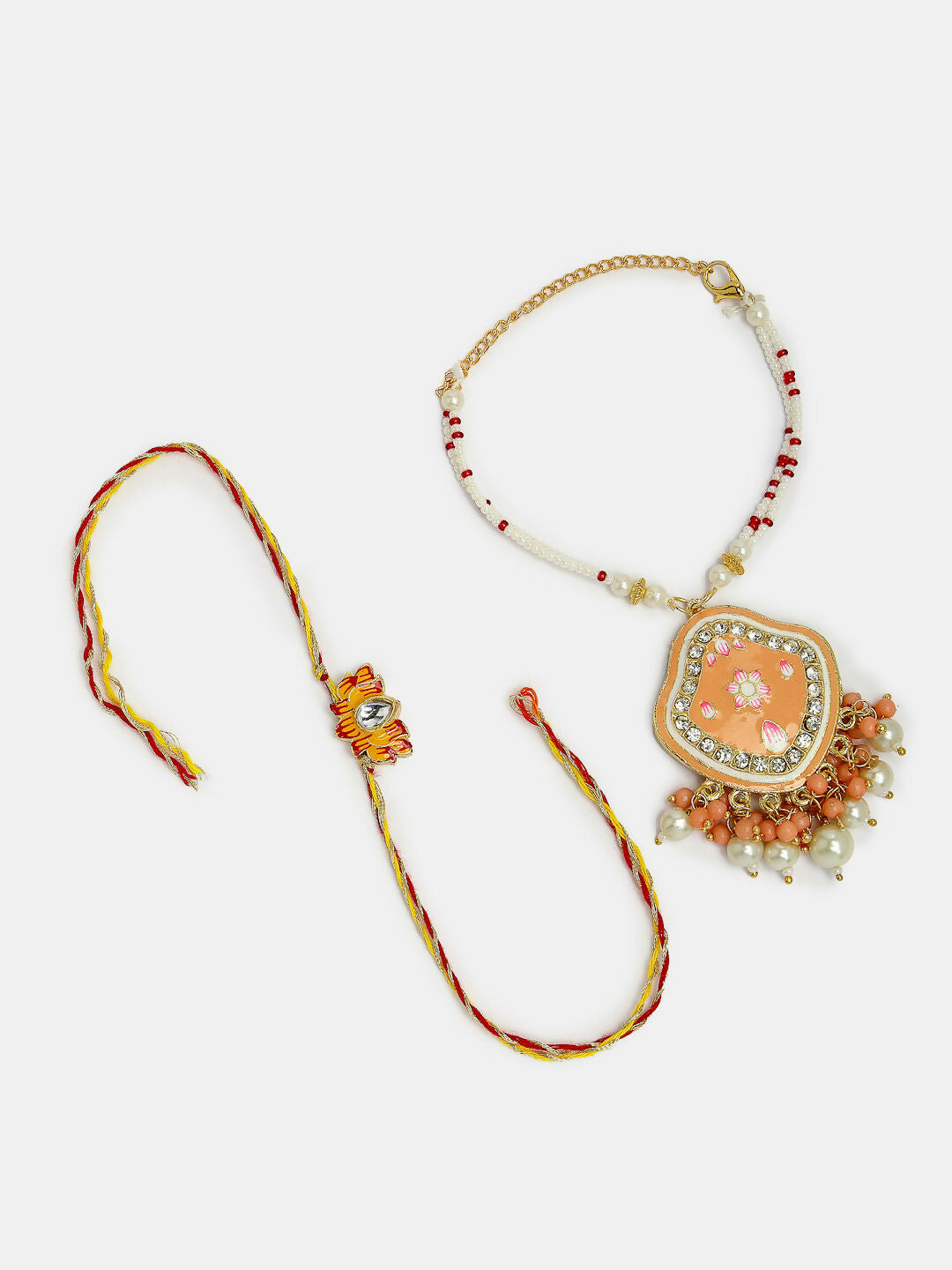 NVR Women & Men Set of 2 Peach Lotus Shape Kundan Stone-Studded & Beaded Bhaiya Bhabhi Rakhi With Roli Chawal | Swadesiicart