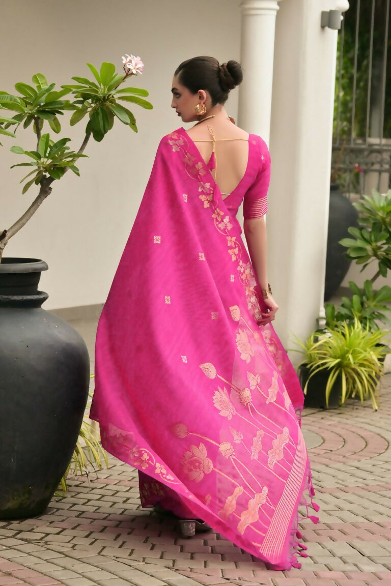 Vishnu Weaves Women's Pink Linen Silk Zari Weaving Saree with Blouse - Swadesiicart