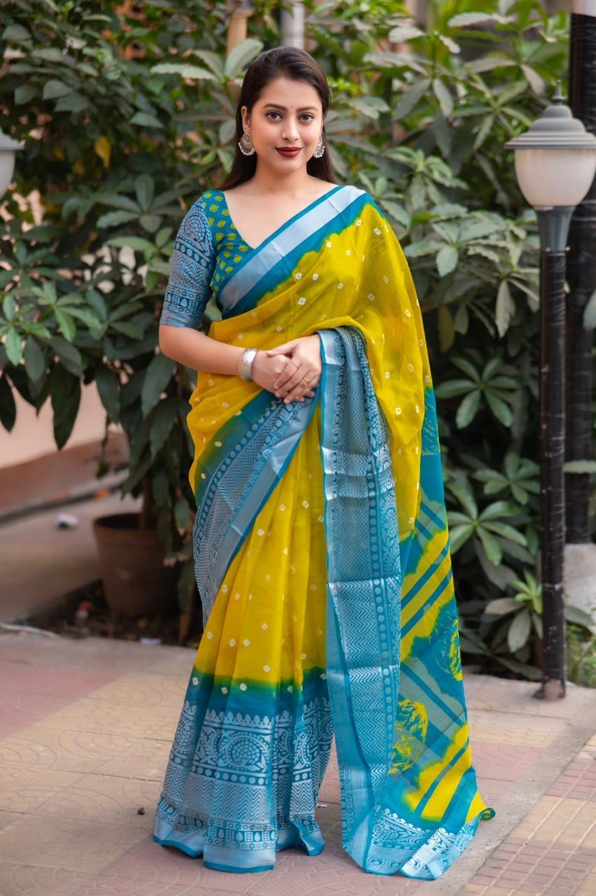 Yellow Jute Silk Ethnic Motifs Saree with Unstitched Blouse - Hiral Fashion | Swadesiicart