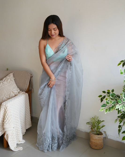 Vamsee Anushka Grey Organza Saree - Swadesiicart