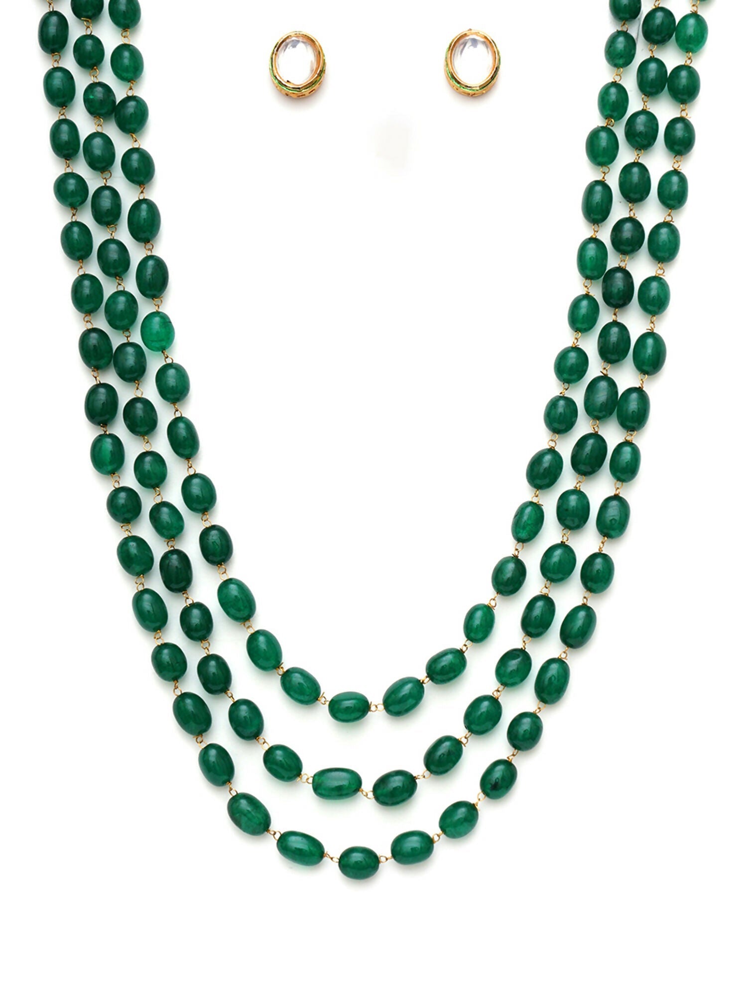 Long Layered Green Neckpiece wtih Kundan Studs Jewellery Set (Green) - Ruby Raang - Swadesiicart