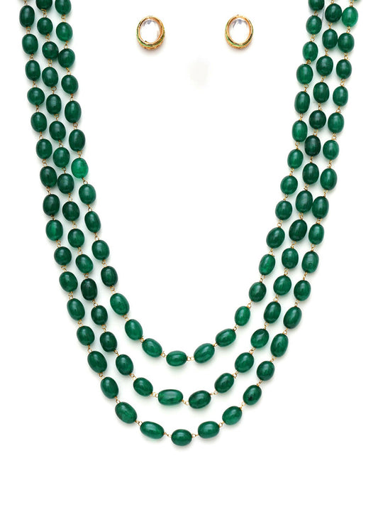 Long Layered Green Neckpiece wtih Kundan Studs Jewellery Set (Green) - Ruby Raang - Swadesiicart