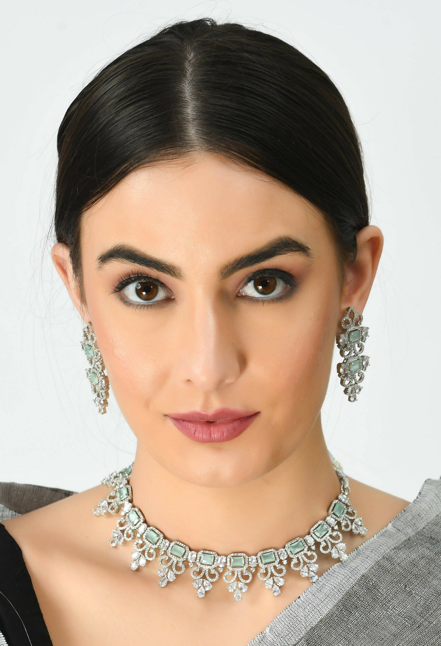 Mominos Fashion Johar Kamal Silver-Plated American Diamond Pista Green Choker Set | Swadesiicart