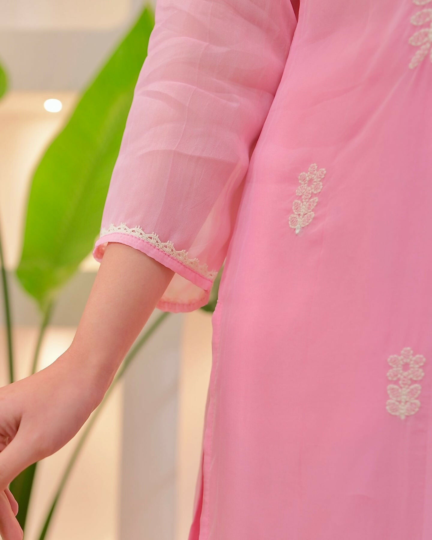The52 Pink Women's Beautiful Chikankari Work Chanderi Fabric Straight Kurta Pant and Dupatta Set - Swadesiicart