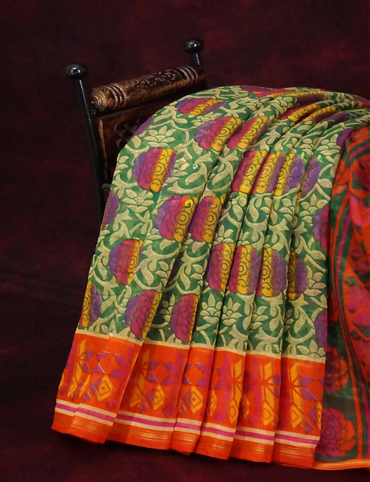 Dark Leaf Green Printed Semi Chanderi Saree By Gayathri Reddy Designer Studio | Swadesiicart
