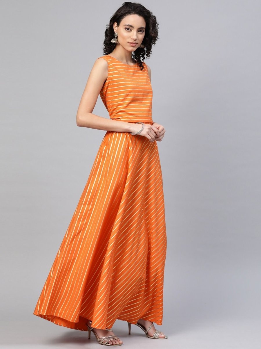 Ahalyaa Women's Orange Crepe Gold Print Top Skirt With Printed Jacket | Swadesiicart